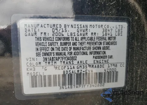 2015 Nissan Sentra S z USA, uszkodzony, nr VIN 3N1AB7AP7FY340802